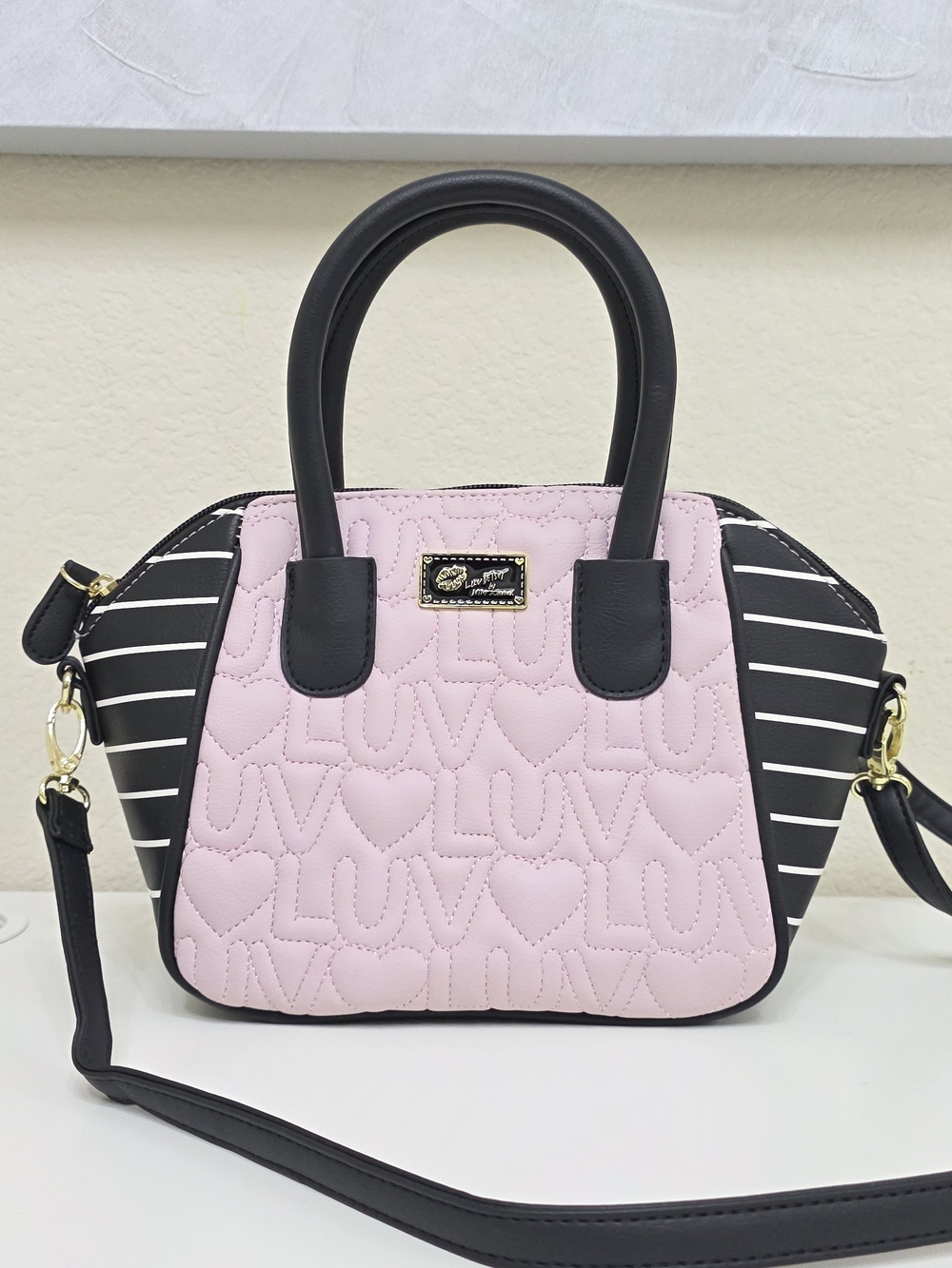 Pink And Black Quilted 'LUV' Satchel / Crossbody Handbag with Black Trim